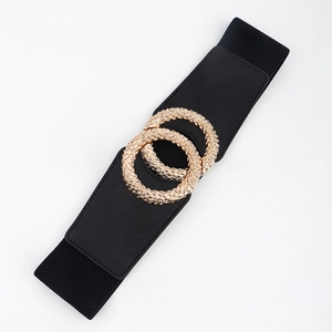 Women's black elastic wide waist belt featuring a gold double-ring textured buckle