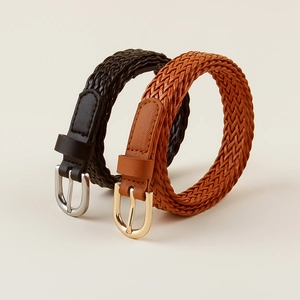 Braided elastic belts in black and brown with polished metal buckles for jeans