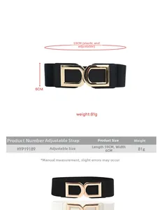 Size chart showing width of 6cm and length of 59cm for the elastic waist belt with D-buckle