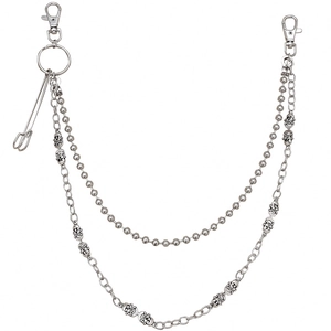 Double-layer silver skull trousers chain with punk style wallet link and safety pin