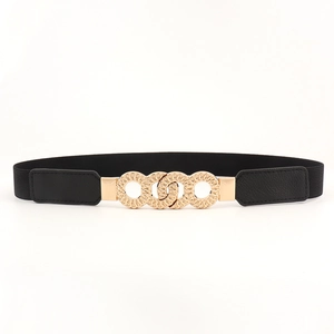 Women's black elastic waist belt with gold triple-ring interlaced textured metal buckle