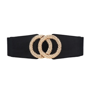 Women's wide elastic corset belt with interlocking textured gold double ring buckle in black