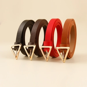Women's skinny leather belts with minimalist gold triangle buckle in four classic colors