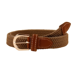 Braided elastic khaki belt with golden D-ring buckle and brown leather trim details