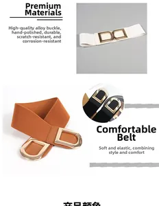 Close-up of polished double D-buckle with elastic fabric texture of wide waist belts