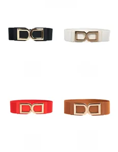 Women elastic waist belt collection featuring gold double D buckle in four classic colors