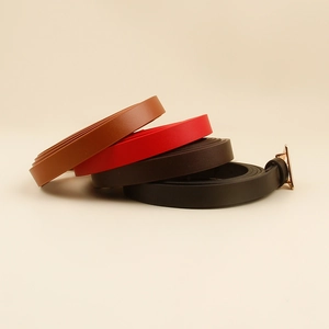 Detail of four colorful thin PU leather belts with elegant golden triangle buckles