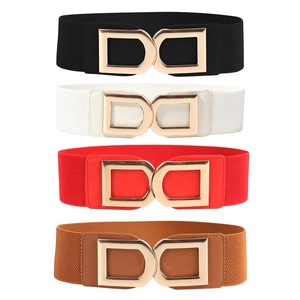 Detail view of elastic waist belts in four colors with interlocking gold double D buckles