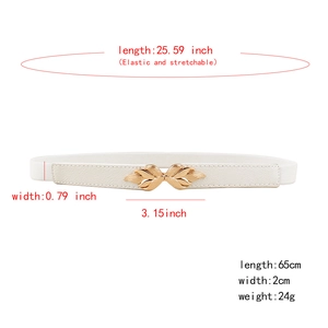 Macro shot showing white elastic belt dimensions with gold leaf buckle and texture
