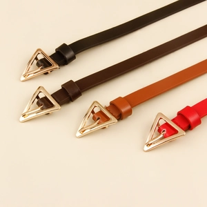 Set of four slim women's leather belts featuring elegant gold triangle buckles in various colors