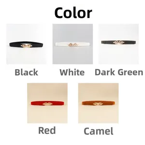 Detail view of five colored elastic waist belts with golden leaf-shaped metal buckles