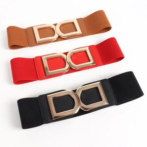 Wide elastic waist belts for women with stylish gold double D-buckles in three colors