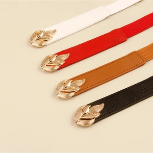 Elastic skinny waist belts with gold leaf metal buckles in four colors for women