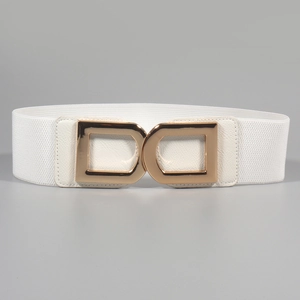 Close-up of white elastic wide belt featuring a polished gold double D-ring buckle