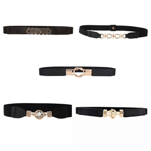 Women Fashion Elastic Thin Belt For Dresses Shirts PU Leather Alloy Geometric Interlocking Buckle Decorative Waist Belt