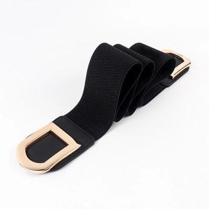 Close-up of black elastic waist belt with a large gold-tone double D metal buckle