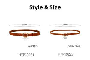 Comparison of brown leather belts featuring pearl buckle details and size dimensions