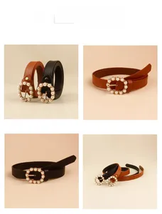 Detailed tile display of black and brown thin waist belts with pearl-studded gold buckles