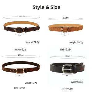 Detailed sizing chart with length and width for retro leather belts with metal buckles
