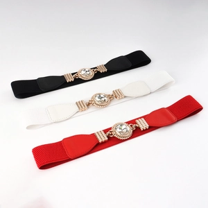 Three-piece set of elastic waist belts in black white and red with rhinestone buckles