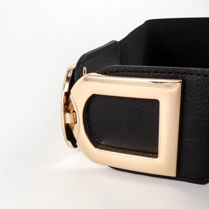 Detail of a wide elastic black belt featuring a polished gold metal double D buckle