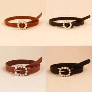 Women Elegant PU Leather Thin Belt With Artificial Pearl Encrusted Gold Pin Buckle Fashion Dress Waist Strap For Ladies Accessory