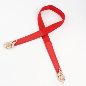 Détail macro de la boucle rose dorée sur une ceinture élastique rouge pour robe