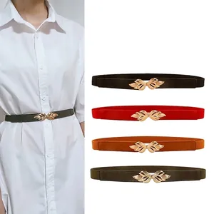 Women Elegant Elastic PU Leather Skinny Belt With Gold Leaf Alloy Buckle Waist Cincher For Dress Shirt Fashion Accessory