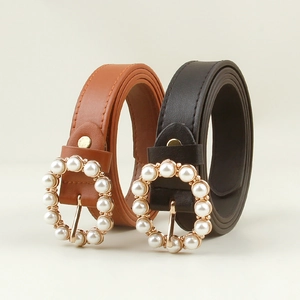 Elegant women's faux leather belts in black and brown with pearl-encrusted gold buckles
