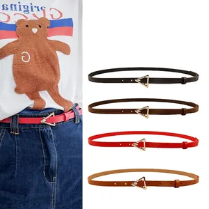 Women Faux Leather Thin Belt With Gold Triangle Buckle Minimalist Korean Fashion Skinny Waistband For Jeans Dress Accessory