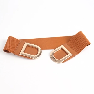 Close-up of brown elastic waist belt with large polished gold double D-ring metal buckles