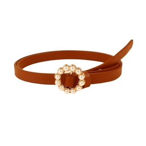Elegant thin brown women's belt featuring a golden round buckle with pearl inlay on white background