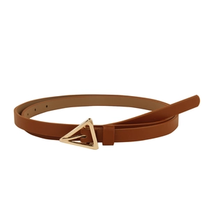 Classic caramel brown thin belt for women featuring a stylish gold triangle metal buckle
