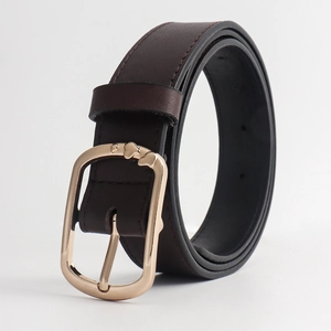 Vintage faux leather belt in coffee brown with gold heart-embossed buckle and stitching
