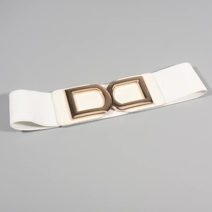 Close-up of white elastic waist belt with a golden double D buckle and leather trim detail