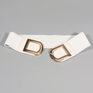 Close-up of golden Double D metal buckle on a white elastic waist belt for women