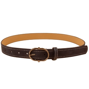 Vintage dark brown leather belt for women featuring contrast stitching and bronze metal buckle