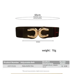 Detailed size chart showing black elastic waist belt with a golden textured buckle