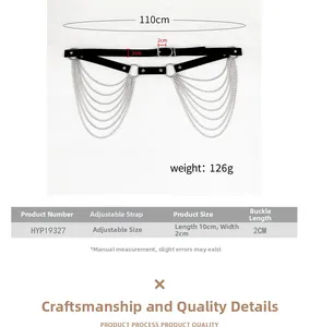 Detailed size chart for black leather waist belt with silver chains, length 110cm width 2cm