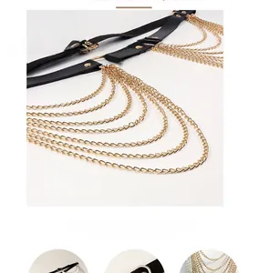 Detail view of multi-layer gold chain belt with black leather and metallic rivet accents