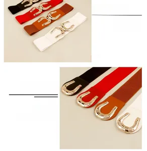 Close-up of golden horseshoe alloy buckle with elastic fabric belts in four colors