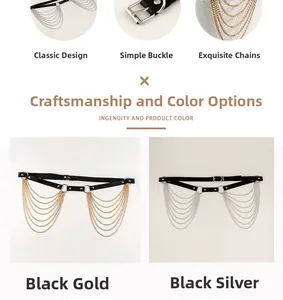Detail view of punk style leather belt with multi-layer metal chains in gold and silver