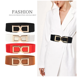Women Fashion Elastic Wide Corset Belt With Gold Metal Double D Buckle Solid Color Stretch Cinch Waist Belt For Dress Coat