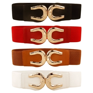 Elastic wide belt for women with large gold buckle in four colors for dresses