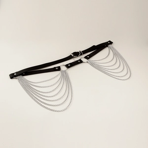 Black leather punk body belt with multi-layer silver fringe chains and metal ring details