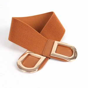 Women's brown elastic waist belt with double gold D-ring buckle and faux leather detail