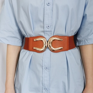 Close-up of elastic waist belt with brown leather front and golden horseshoe buckle