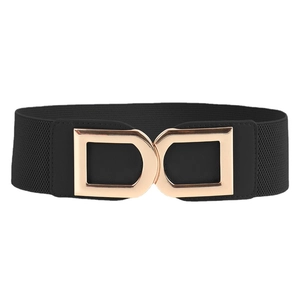 Women's black elastic waist belt with a vintage gold double D metal interlocking buckle