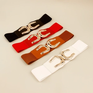 Set of four elastic waist belts for women in black, red, brown, and white colors