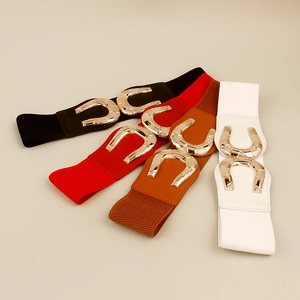Elastic wide belts for dresses featuring golden U-shaped buckles in black, red, and brown